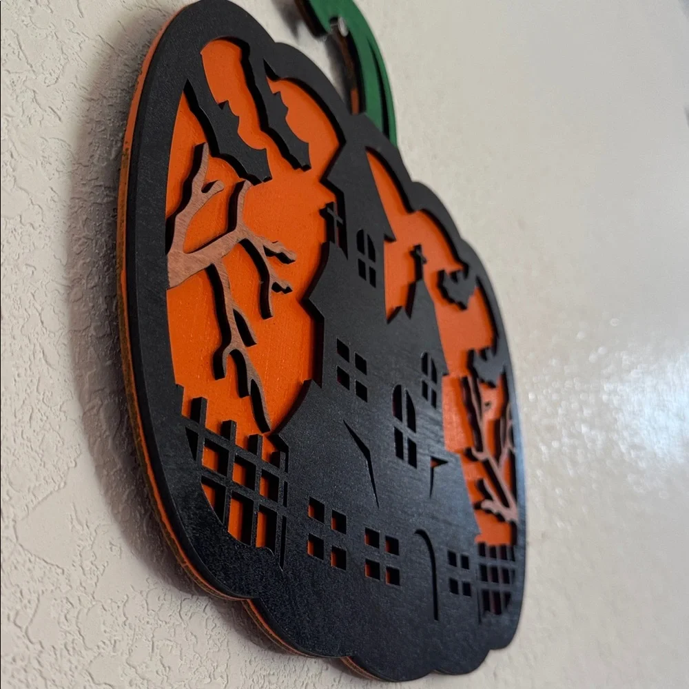 Handcrafted Wooden Sign of Halloween Haunted House Pumpkin Wall Decor